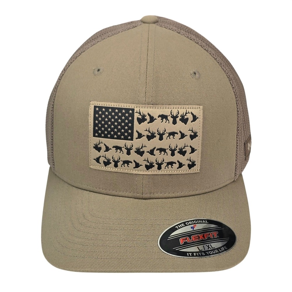 Columbia PHG Hunting Hat L/XL Tan American Flag Wildlife Patch Flexfit Trucker‎